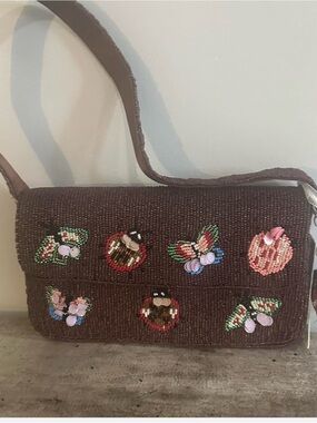 Beaded Brown Crossbody Bag with Floral Appliqués